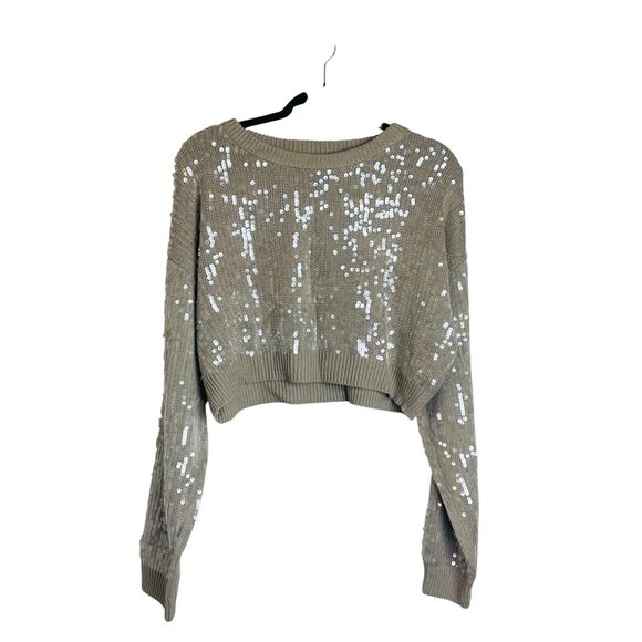 Forever 21 Sweater Womens XL Tan Sequin Pullover Crewneck Knit Party Shimmer - Picture 1 of 8